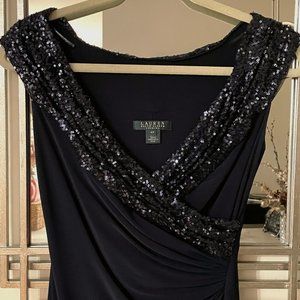 STUNNING! Navy Blue Ralph Lauren Sequined Evening Gown w/ Bonus Clutch